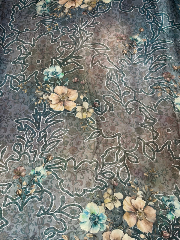 The Misty Meadow: Slate Blue Georgette Saree with Artistic Floral Prints
