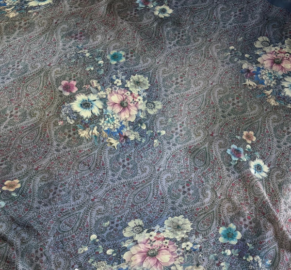 The Ethereal Blossom: Slate Blue Georgette Saree with Vintage Floral Print