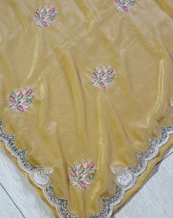 The Primrose Glow: Lemon Yellow Silk Blend Saree with Scalloped Zardosi Border