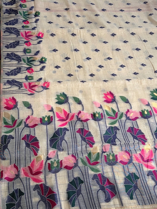 The Sacred Lotus: Off-White linenSaree with Floral Prints