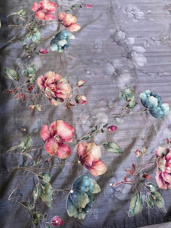Grey floral linen saree :The perfect blend of edge and elegance.