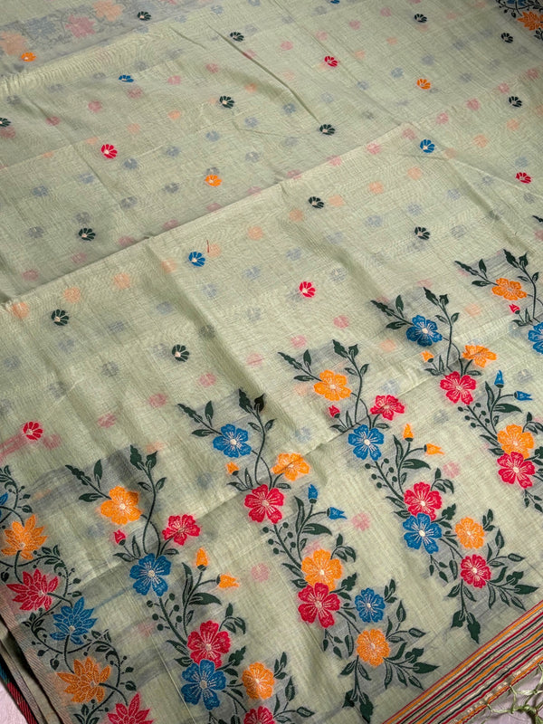 The Meadow Muse: Seafoam Green Handloom Saree with Multi-Color Phulkari-Style border