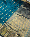 The Teal Treasure: Deep Peacock Silk Saree with Gold Zari Buttas