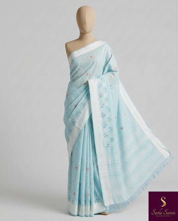 Elegant, breathable, and timeless, this blue linen saree is perfect for effortless everyday grace. πβ¨