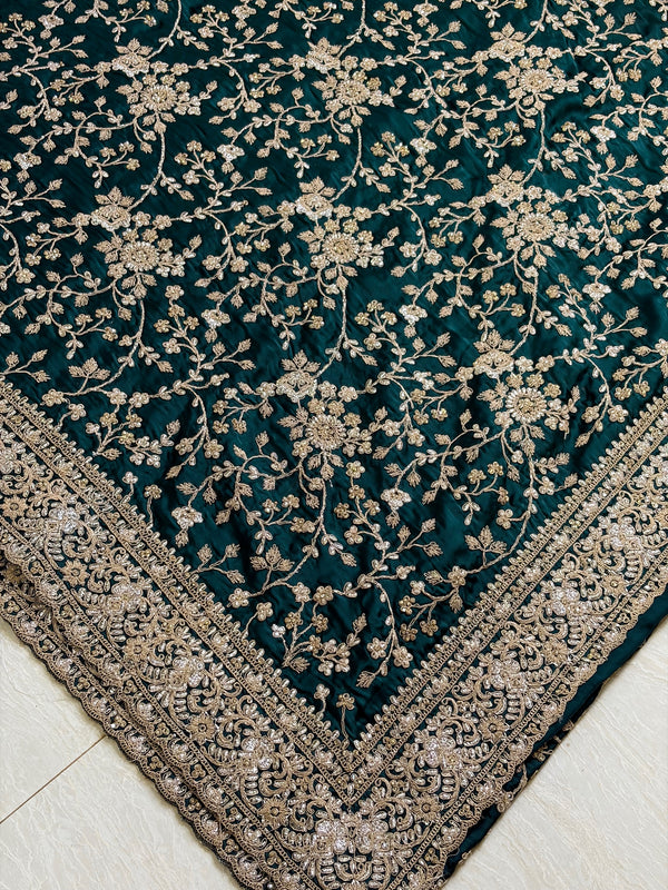 The Emerald Empress: Bottle Green Silk Saree with Heavy Zardozi-Style Embroidery