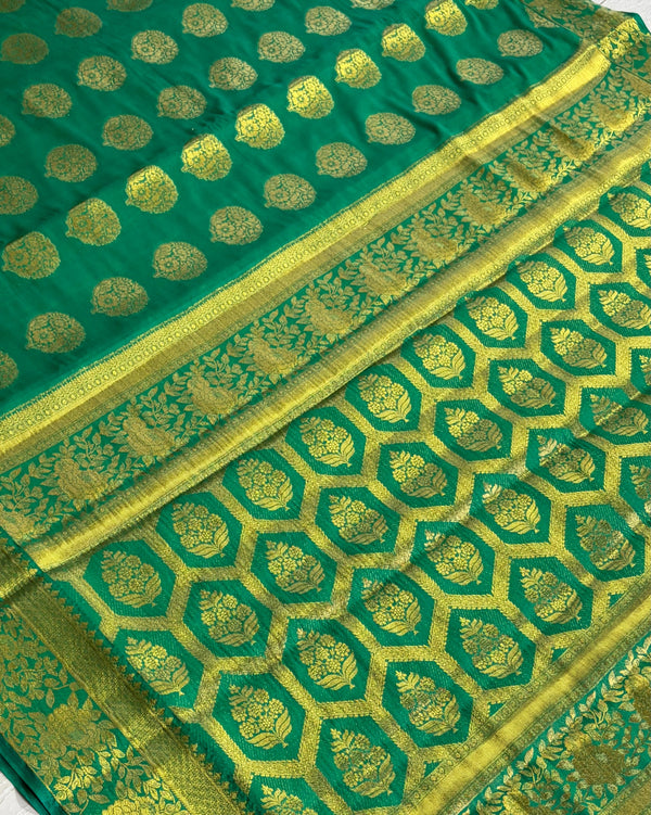 The Verdant Flow: Emerald Green Crepe Silk Saree with Gold Zari Buttas
