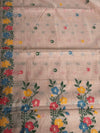 Soft pink linen saree with a charming floral border — light, fresh, and elegant