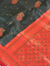 Elegant green saree with a rich red border and delicate diamond work — a perfect blend of tradition and sparkle.