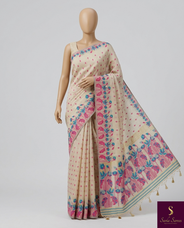 The Ivory Lotus: Cream Pure Linen Saree with Fuchsia & Teal Botanical Borders