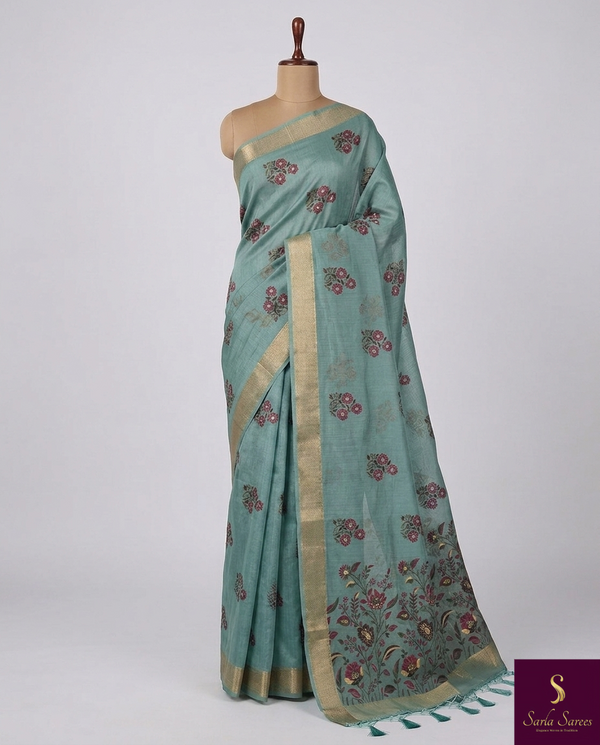 The Seafoam Orchard: Sage Green Linen Silk Saree with Antique Gold Border