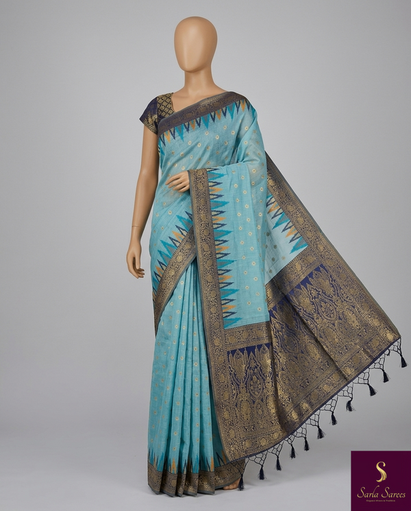The Cerulean Citadel: Powder Blue Pure Linen Saree with Royal Indigo & Temple Border