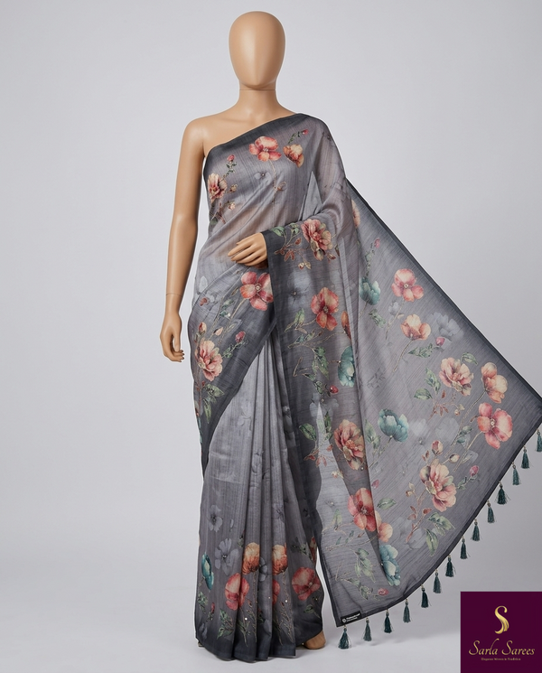 Grey floral linen saree :The perfect blend of edge and elegance.