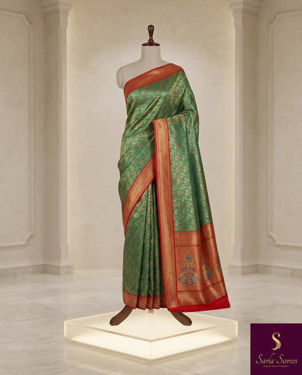 The Verdant Heritage: Emerald Green Silk Saree with Crimson Bridal Border