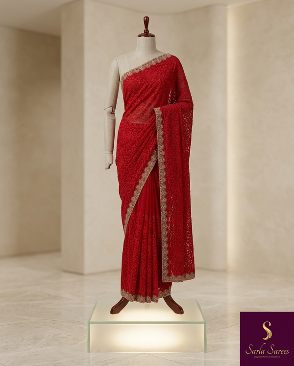 The Scarlet Symphony: Crimson Georgette Saree with Allover Chikankari & Swarovski diamond border