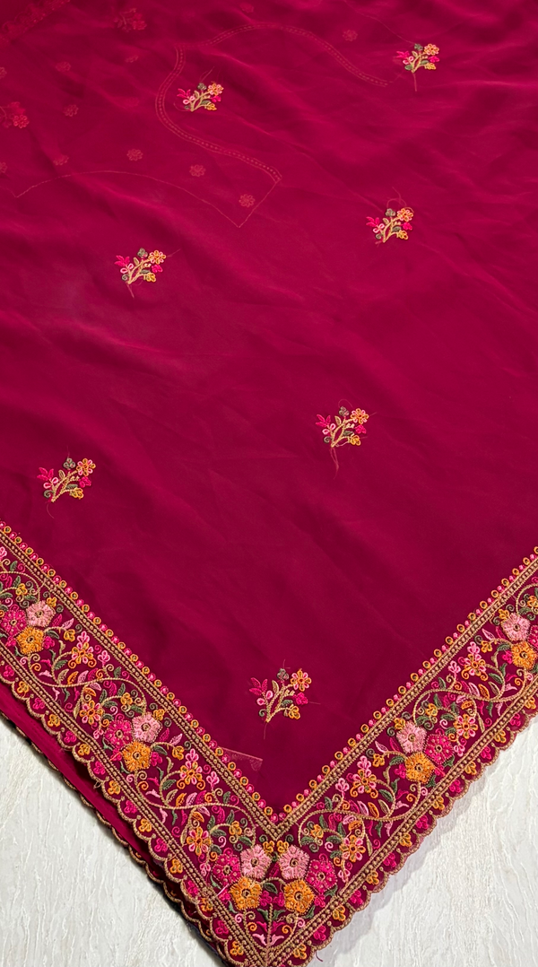 The Midnight Rose: Deep Pink Silk with Botanical Embroidery