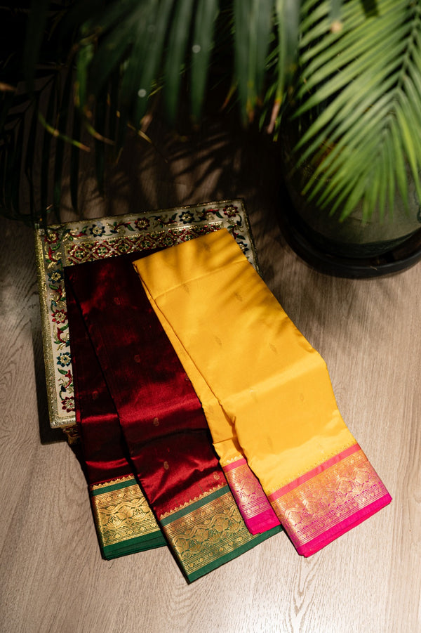 The Radiant Sunbeam: Canary Yellow Silk Saree with Magenta Contrast