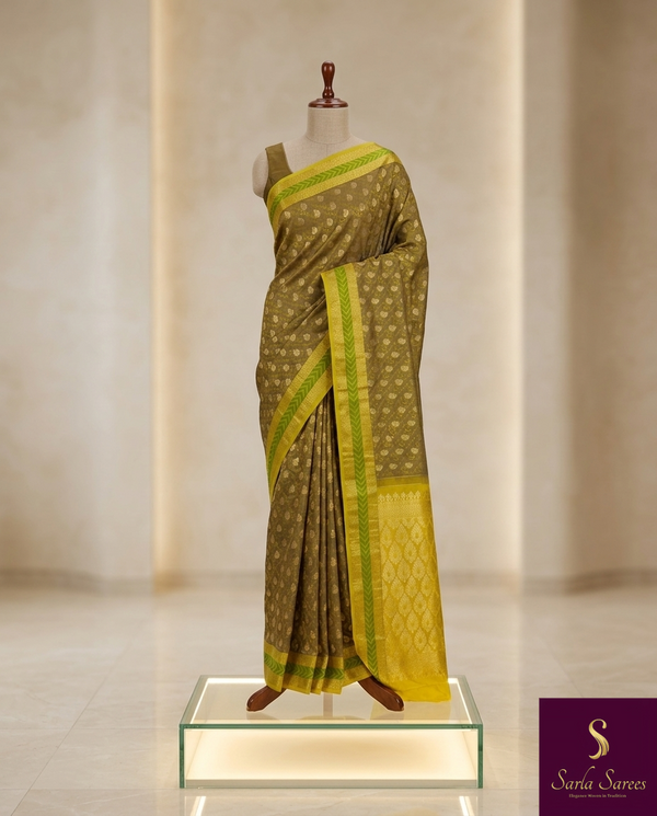 The Earthen Olive: Olive Green Silk Saree with Lime Chevron Border