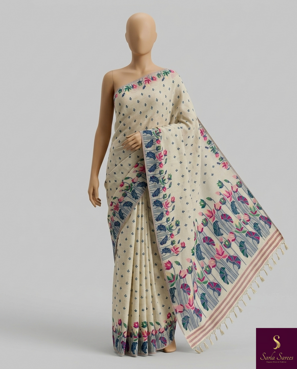 The Sacred Lotus: Off-White linenSaree with Floral Prints