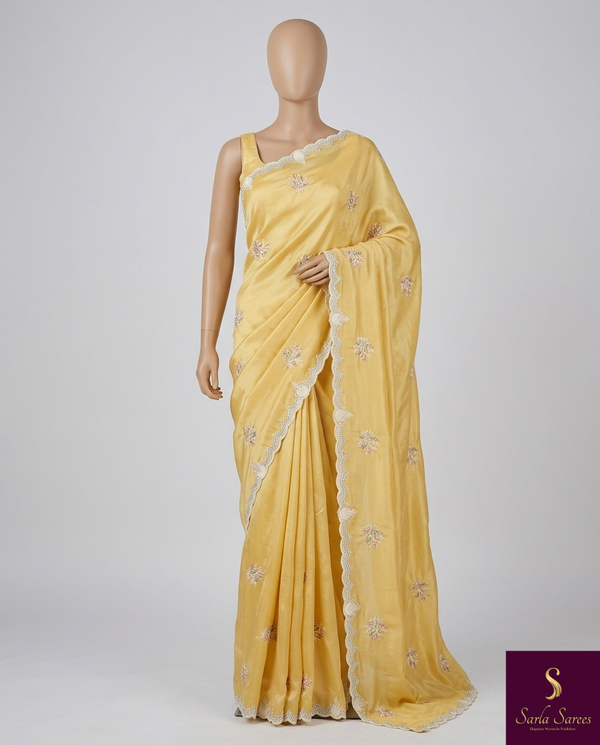 The Primrose Glow: Lemon Yellow Silk Blend Saree with Scalloped Zardosi Border