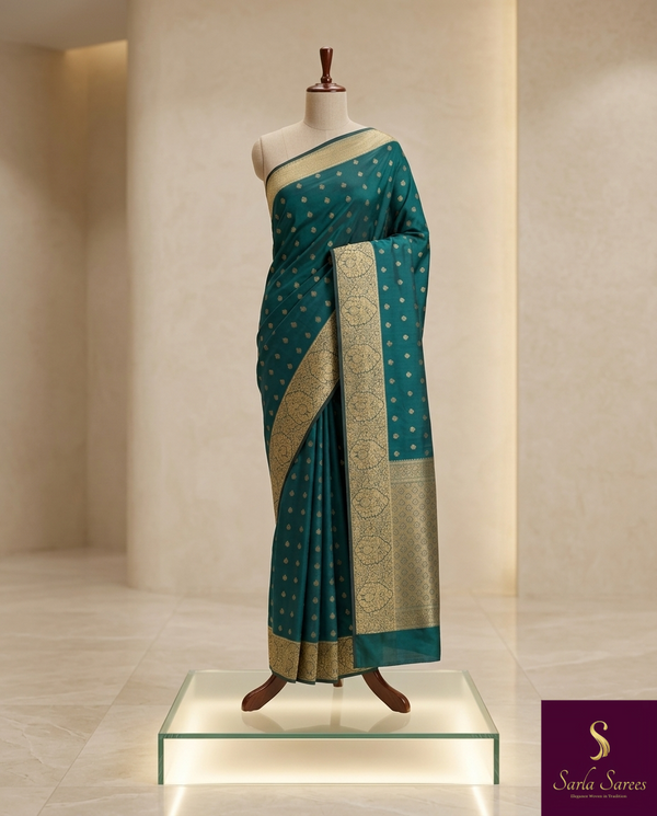 The Teal Treasure: Deep Peacock Silk Saree with Gold Zari Buttas