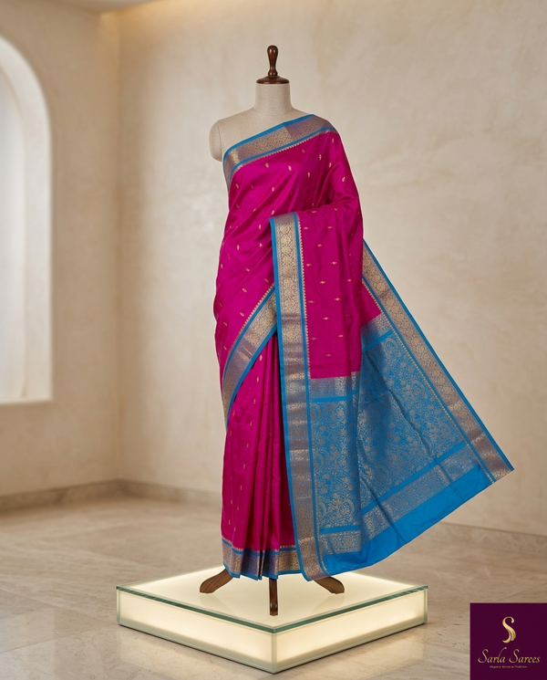 The Magenta Muse: Rani Pink Silk Saree with Cerulean Blue Korvai Border