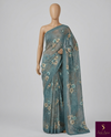 The Misty Meadow: Slate Blue Georgette Saree with Artistic Floral Prints