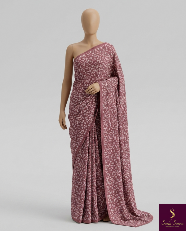The Rosewood Garden: Mauve-Rose Georgette Saree with Ditsy Floral Print