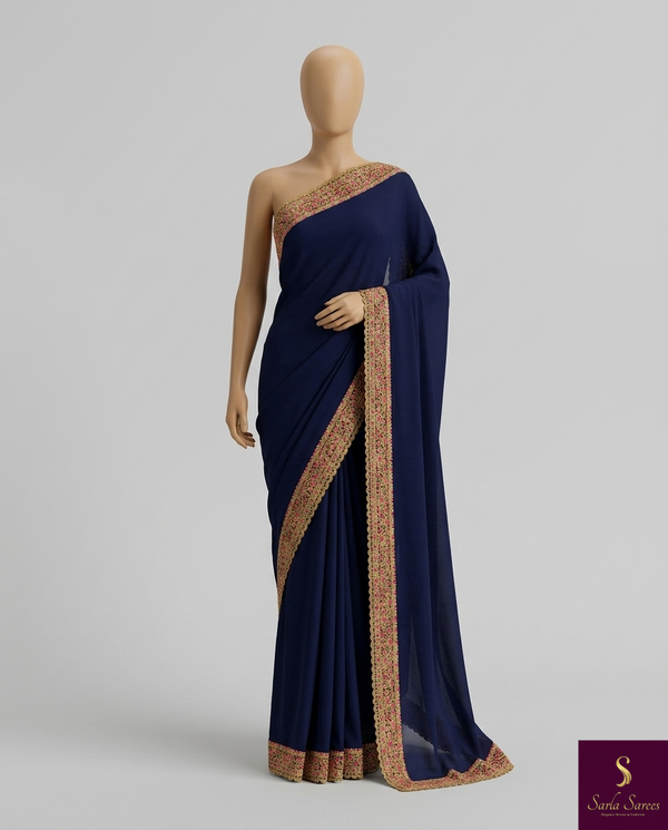 The Midnight Bloom: Navy Blue Georgette Saree with Floral Scalloped Border