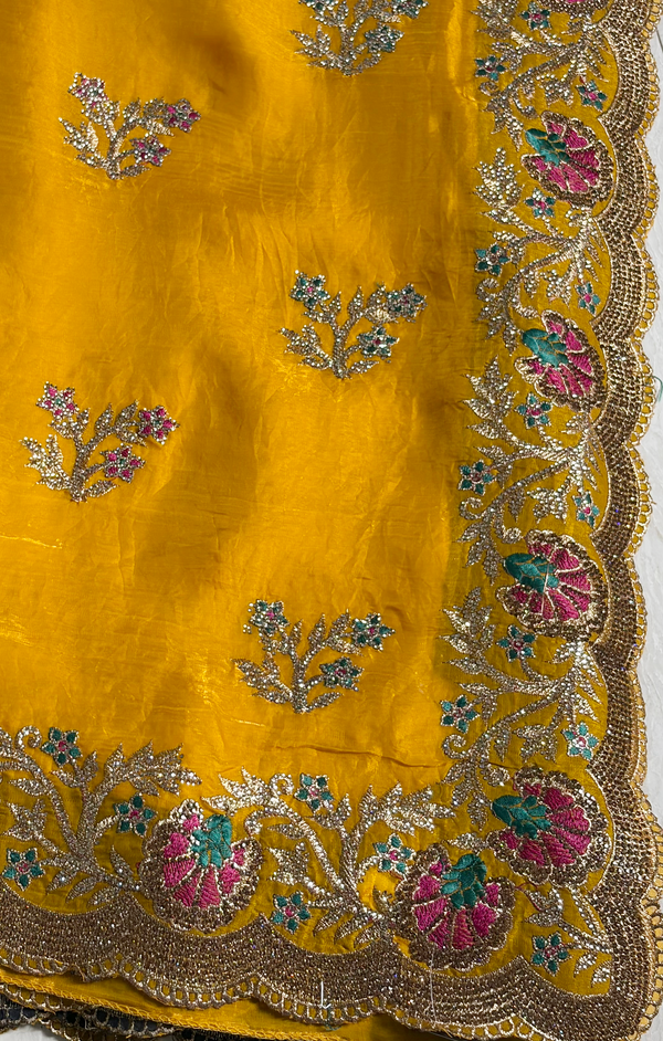 The Gilded Sunflower: Mustard Yellow Silk-Chiffon Saree with Scalloped Zardosi Border