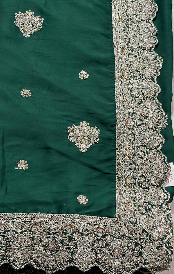 The Emerald Empress: Forest Green Silk Saree with Silver Gotapatti & Zardosi Work