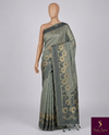 The Sage Horizon: Olive-Grey Tussar Silk Saree with Charcoal Floral Borders