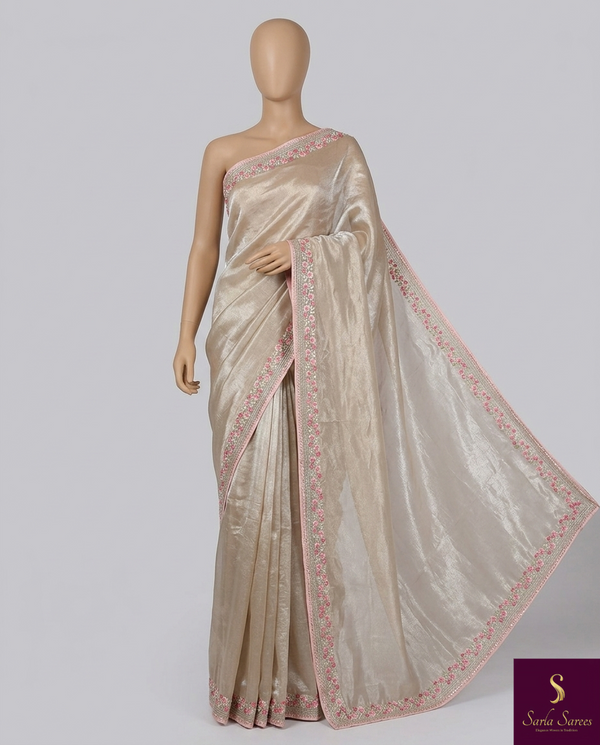 The Champagne Blush: Metallic Champagne Organza Saree with Pink Floral Border
