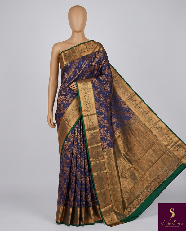 The Indigo Court: Royal Navy Silk Saree with Emerald Green & Gold Kanjivaram-Style Borders