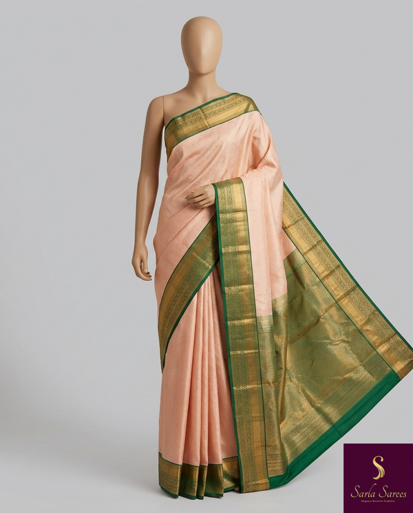 The Blush Orchard: Pastel Peach Silk Saree with Forest Green & Gold Border