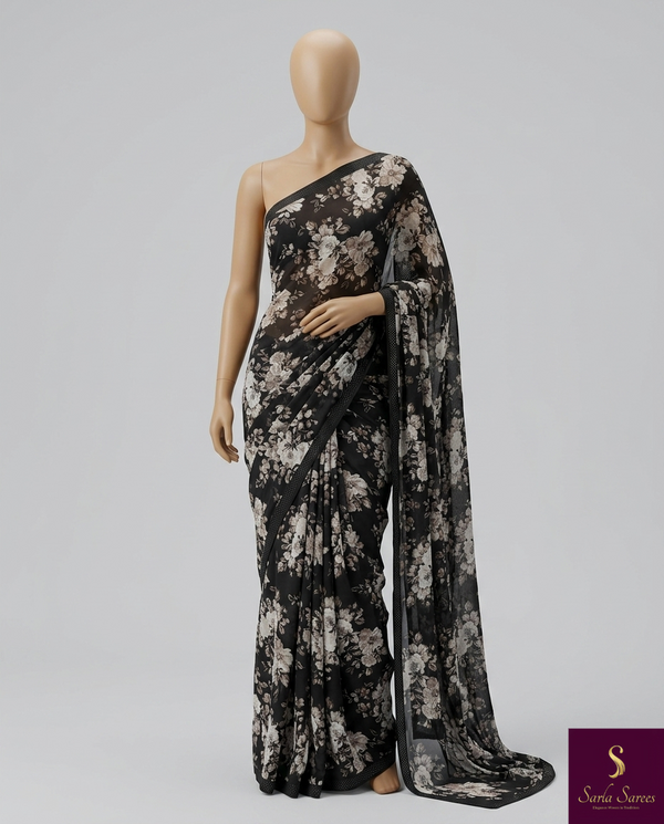 The Espresso Meadow: Dark Brown Premium Saree with Vintage Floral Print