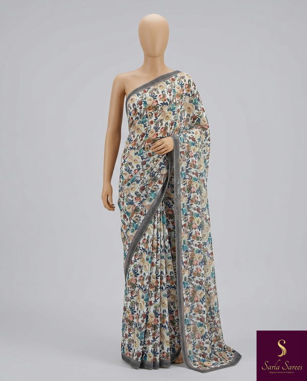 The Ivory Meadow: Off-White Italian Silk Saree with English Floral Print