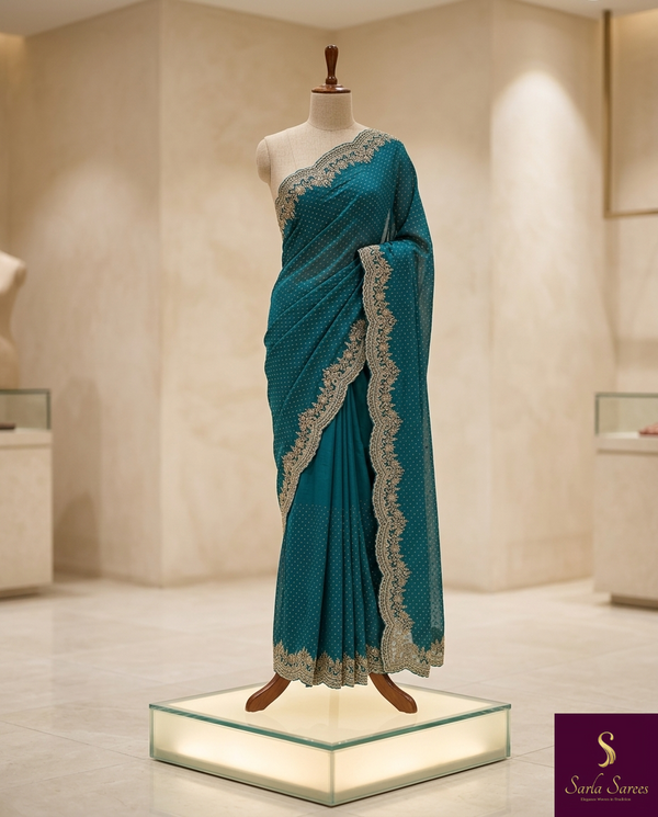 The Ocean Grace: Deep Teal Georgette Saree with Scalloped Zardosi Border