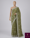 The Olive Blossom: Olive Green Georgette Saree with Scalloped Chikankari-Style Embroidery