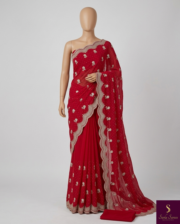 The Crimson Grace: Royal Red Georgette Saree with Scalloped Embroidered Border