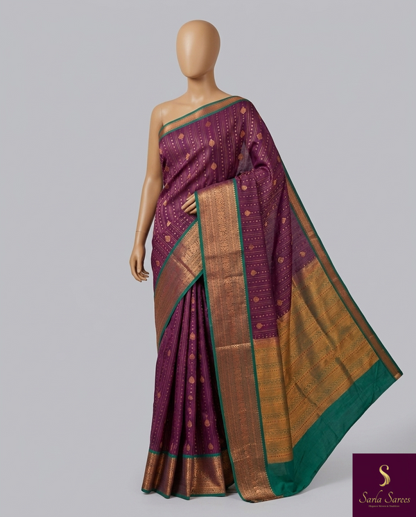 The Amethyst Temple: Deep Plum Kanchipuram Silk Saree with Emerald & Gold Border