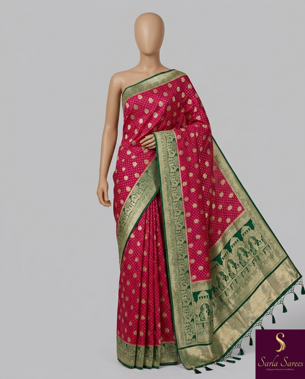 The Royal Durbar: Rani Pink Banarasi Silk Saree with Emerald Shikargah & Palace Pallu