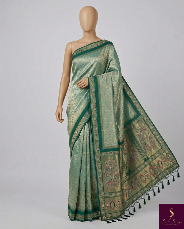 The Jade Meenakari: Sea-Green Brocade Silk Saree with Peacock & Paisley Pallu