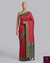 The Mughal Garden: Cherry Red Banarasi Silk Saree with Emerald Shikargah & Palace Arch Pallu