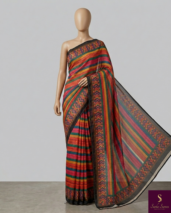 The Bohemian Symphony: Multicolor Striped Tussar Silk Saree with Ikat Borders