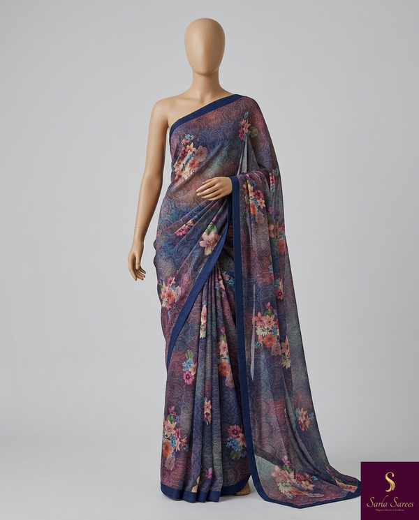 The Midnight Bloom: Indigo Italian Silk Saree with Paisley & Floral Overlay