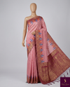 The Blush Temple: Pastel Pink Organic Linen Saree with Temple Ikat & Gold Zari