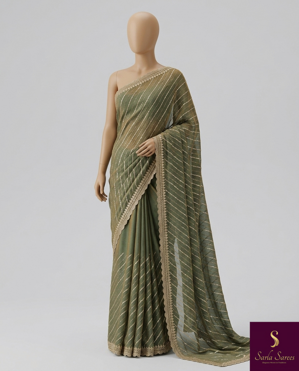 The Olive Grid: Sage-Khaki Chiffon Saree with Diagonal Sequin Leheriya