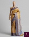 The Royal Kanjivaram: Mustard Gold Kanchipuram Silk Saree with Indigo Blue Zari Border