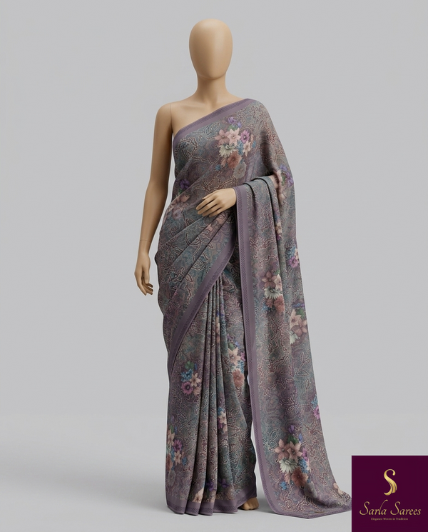 The Mauve Mist: Dusty Amethyst Italian Silk Saree with Fine Paisley & Vintage Floral Overlay
