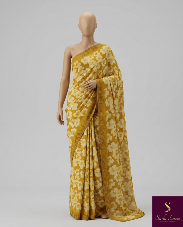 The Honeycomb Blossom: Mustard Yellow Chiffon Saree with Cream Watercolor Florals